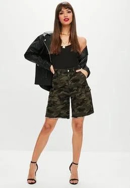 High Waisted Camo Shorts with Black Leather Bomber Jacket