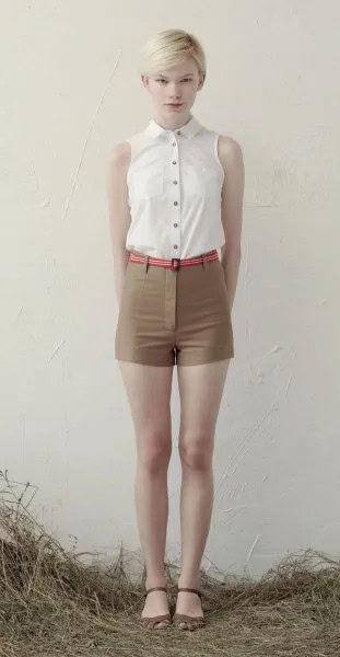 White Button Up Sleeveless Blouse with Green High Waisted Mini Shorts