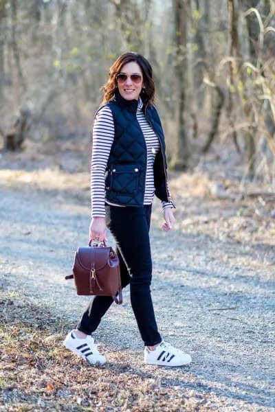 Black and White Striped Long Sleeve T Shirt with Sneakers