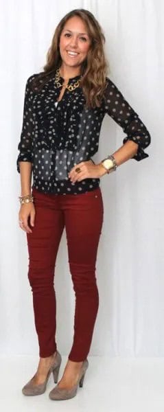 Black and White Polka Dot Shirt with Burgundy Jeans