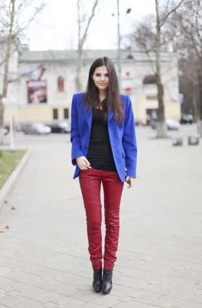 Royal Blue Blazer with Red Leather Pants