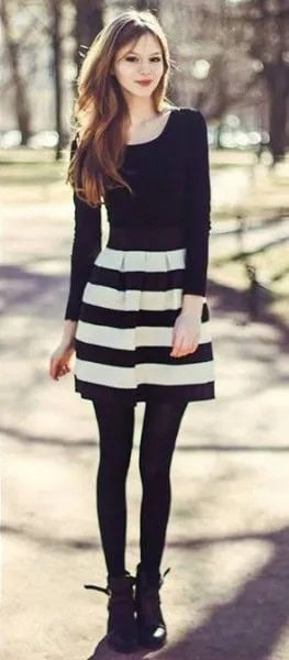 Black Long Sleeve Tee with Striped Skater Dress