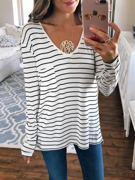 White and Black Striped Long Sleeve V Neck Tee