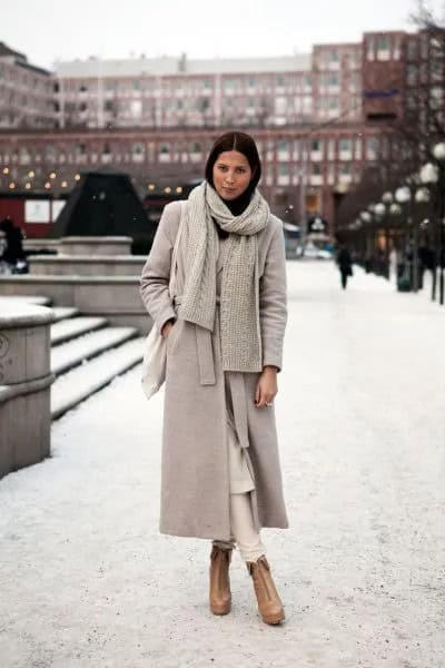 Light Grey Maxi Wool Coat with Knit Scarf & Brown Boots