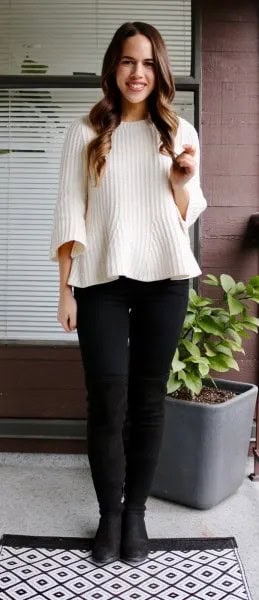 White Ribbed Sweater with Black Skinny Jeans & Leather Boots