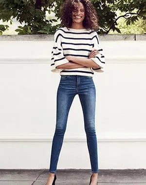 White and Black Striped Wide Sleeve Sweater & Blue Low Rise Skinny Jeans