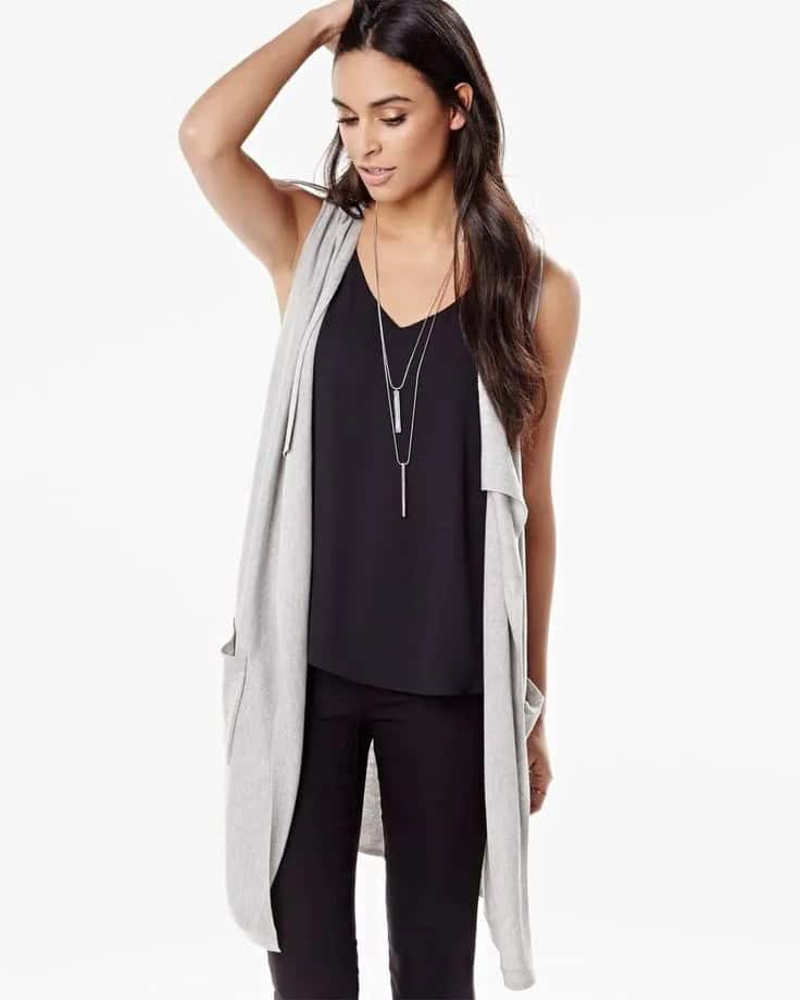 Heather Grey Long Sleeveless Cardigan with All Black Outfit