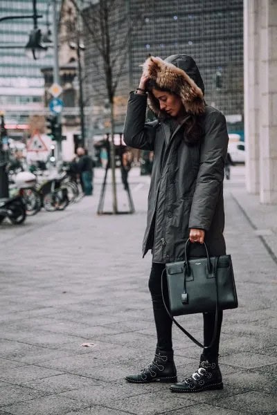 Grey Hooded Oversized Bomber Jacket with Black Leggings & Boots