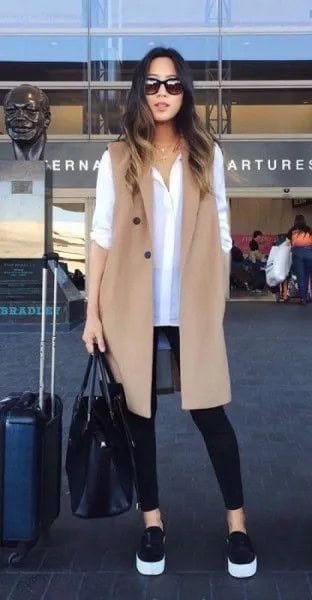 White Button Up Shirt with Camel Longline Vest Jacket