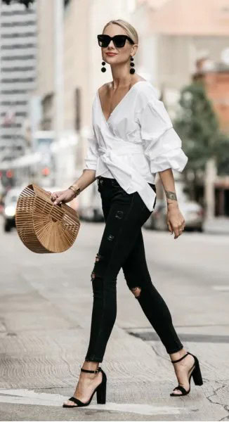 White Deep V Neck Wrap Ruffle Shirt with Black Skinny Jeans