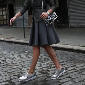 Grey Pleated Wool Mini Skirt with Silver Sneakers