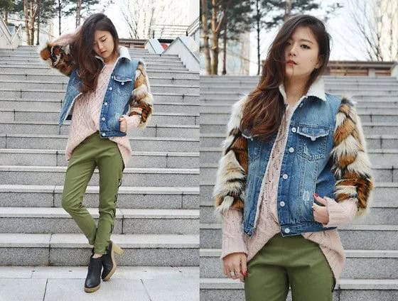 Green Khaki Jeans with Oversized Blush Sweater & Blue Denim Jacket