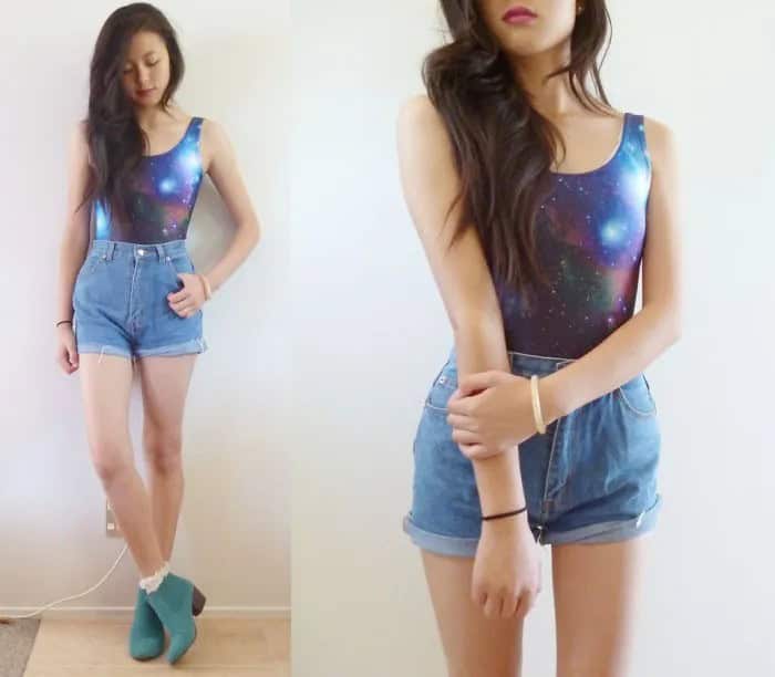 Galaxy Printed Fitted Tank top with Blue Vintage High Rise Denim Shorts