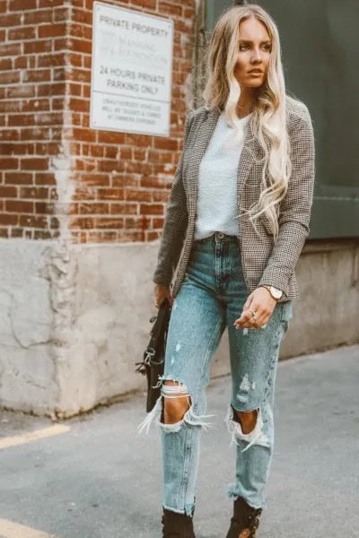 Tweed Blazer with Ripped Mom Jeans & Black Boots