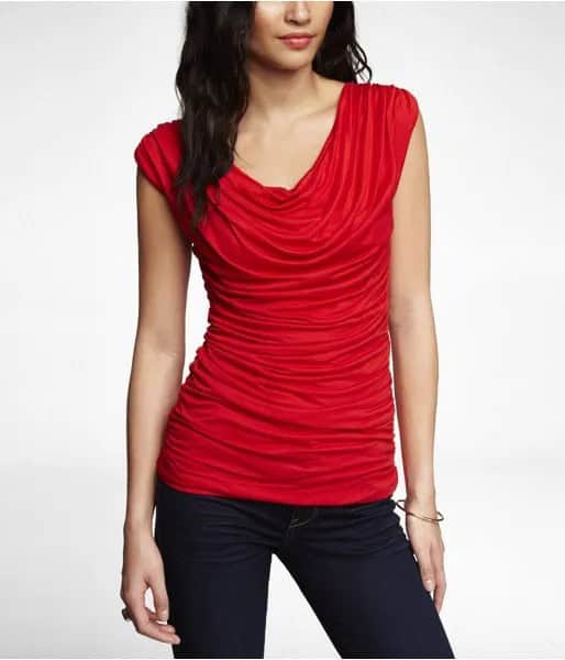 Red Ruched Cowl Neck Sleeveless Top with Black Skinny Jeans