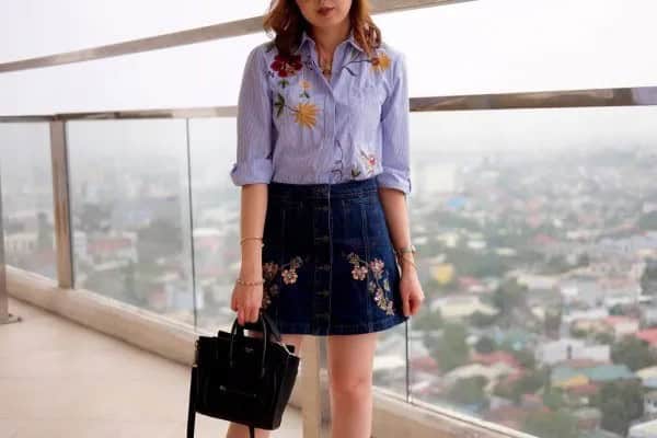 Cute Cuffed Embroidered Shirt with Blue High Rise Denim Mini Skirt