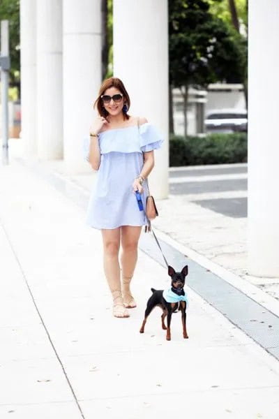 Light Blue Off The Shoulder Mini Swing Dress with Strappy Nude Flat Sandals