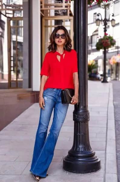 Red Tie Neck Blouse with Blue Flared Jeans