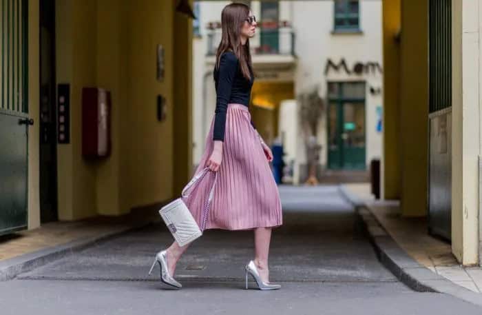 Black Long Sleeve T Shirt with Pink Pleated Midi Flared Skirt