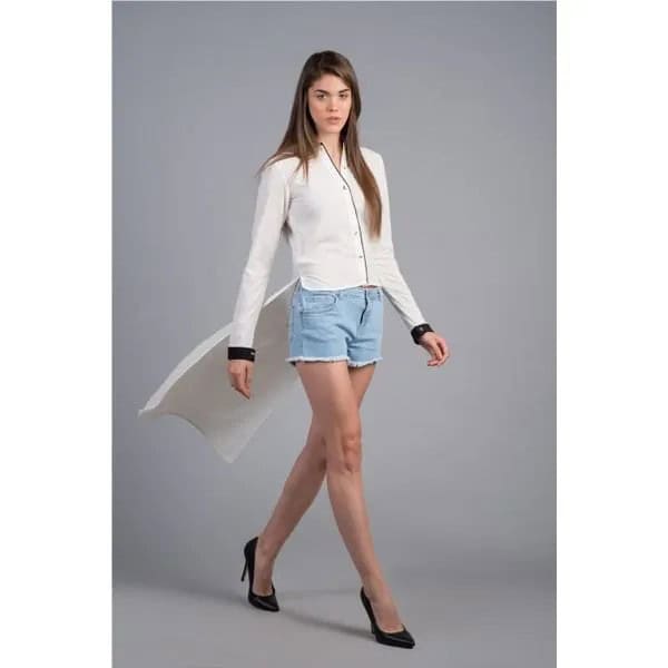 White Chiffon Shirt with Denim Shorts