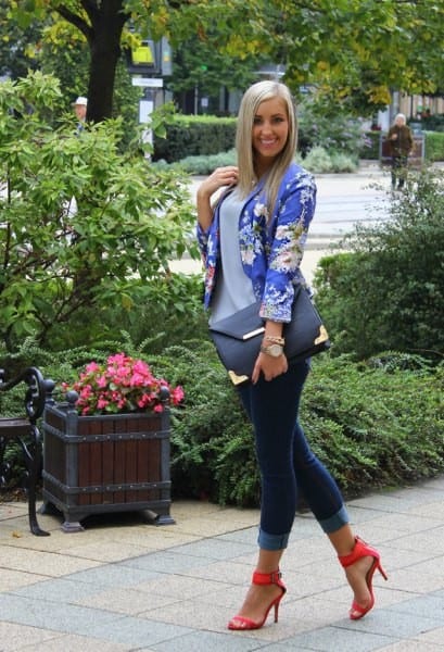 Open Toe Strappy Heels with Blue Floral Blazer