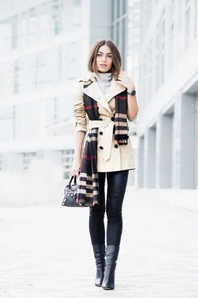 Beige Belted Trench Coat with Black and White Plaid Scarf