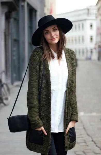 Black Felt Hat with Long Grey Knit Sweater Cardigan