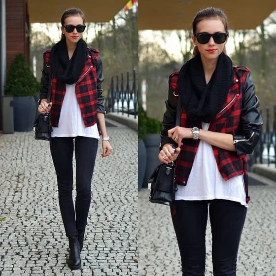 Red and Black Plaid Leather Jacket with White Chiffon Blouse