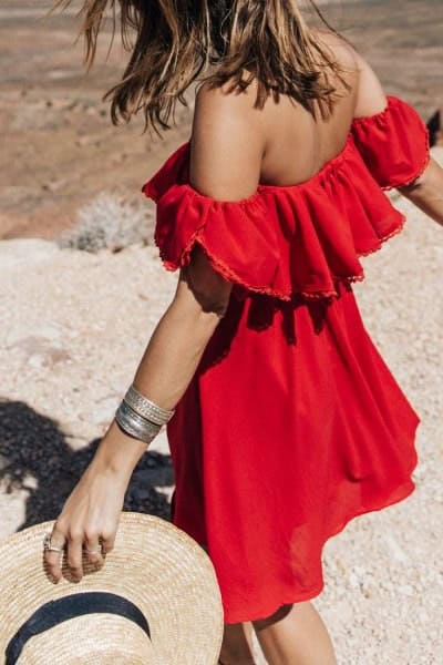 Red Off The Shoulder Ruffle Shoulder Mini Sundress