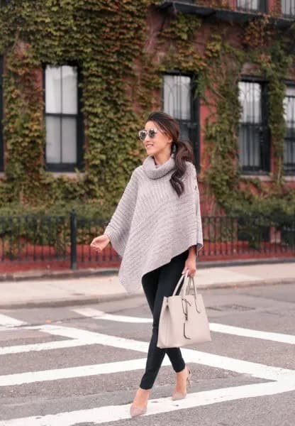 Grey Turtleneck Poncho Sweater with Black Skinny Jeans