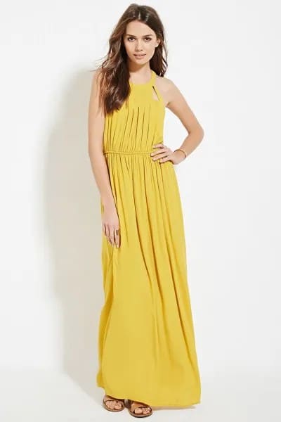 Yellow Gathered Waist Pleated Maxi Dress