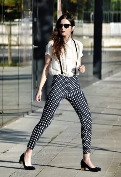 White Chiffon Short Sleeve Shirt with Polka Dot Suspender Pants