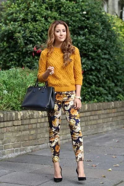 Floral Pants with Bright Green or Yellow Knit Sweater