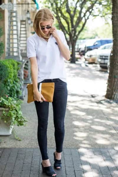 Polo Shirt with Dark Blue Skinny Jeans & Brown Leather Clutch Bag