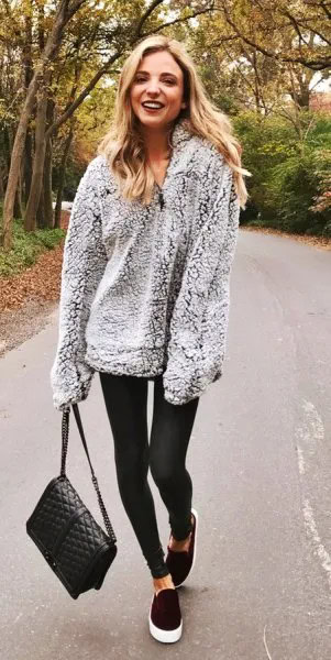 Grey Oversized Fleece Sweater with Black Leggings