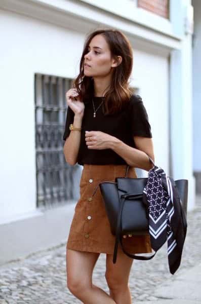 Black T Shirt with Brown Suede Button Front Mini Skirt