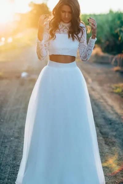 White Lace Cropped Blouse with High Waisted Long White Tulle Skirt