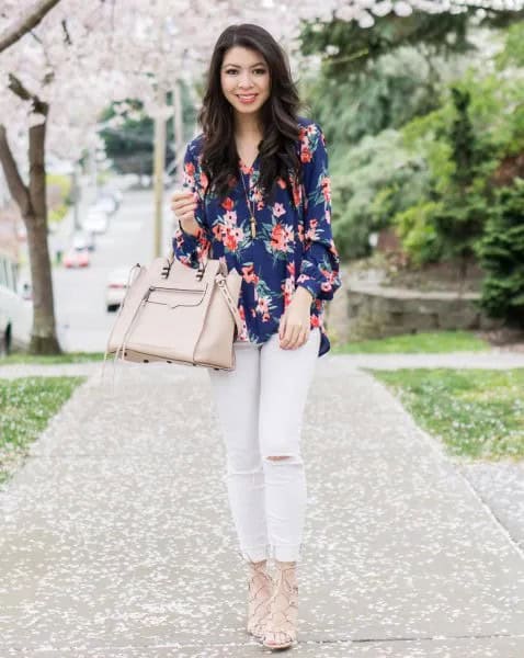 Navy Floral Blouse with Pale Pink Skinny Jeans