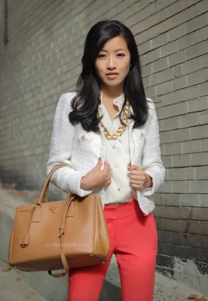 White Tweed Blazer with Pink Shirt & Gold Necklace