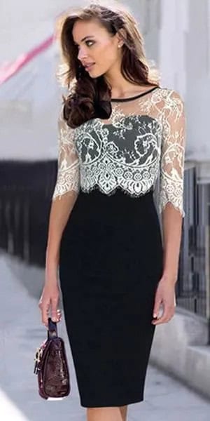 White Half Sleeve Lace Top with Black Bodycon Midi Dress