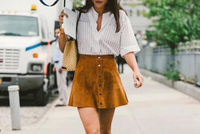 White and Grey Vertical Striped Shirt with Green Suede Button Down Mini Skater Skirt