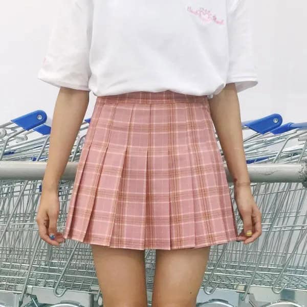 Pink Pleated Plaid Skirt with White Wide Sleeve T Shirt