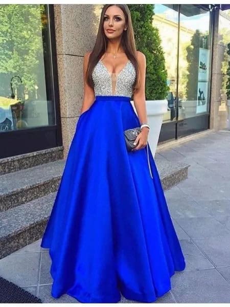 Two Toned Silver Sequin and Royal Blue Cotton Fit and Flare Long Dress