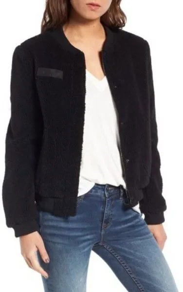 Black Shearling Bomber Jacket with V Neck White Tee