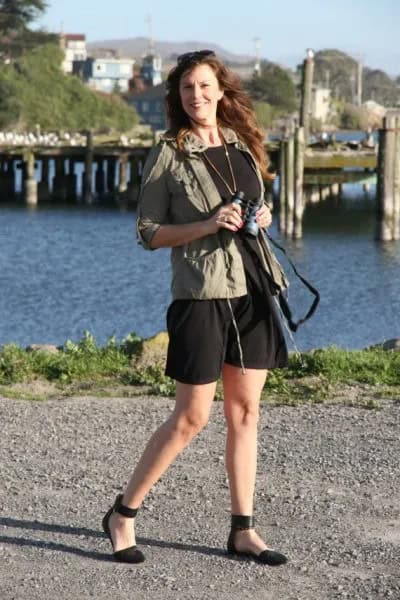 Green Windbreaker with Black Mini Shift Dress & Ankle Strap Ballet Flats