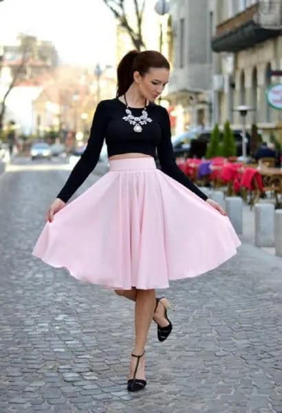 Black Cropped Long Sleeve Tee with Light Pink Midi Flare Skirt