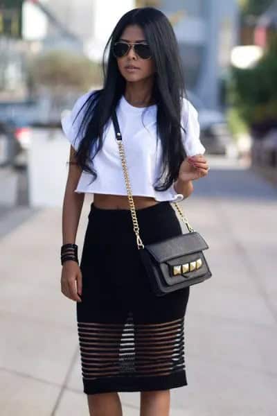 White Cropped T Shirt with Black Mesh Knee Length Skirt