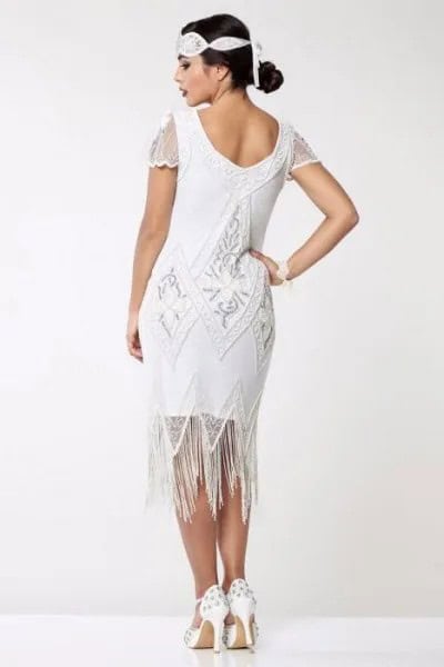 White Lace Cap Sleeve Midi Flapper Fringe Dress