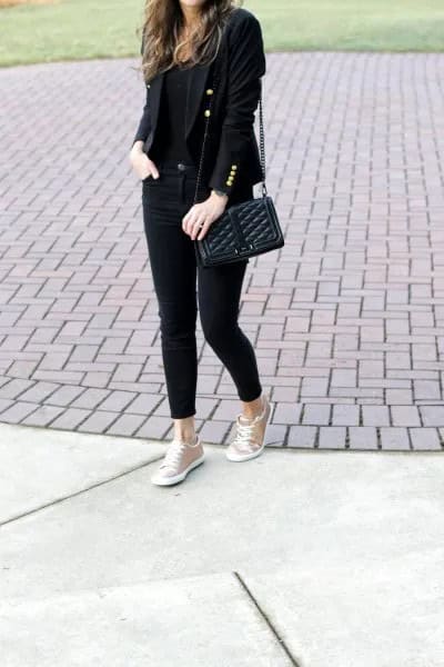 Black Blazer with Skinny Jeans & Rose Gold Metallic Sneakers