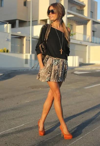 Black Off The Shoulder Blouse with Printed Mini Skater Skirt & Orange Heels